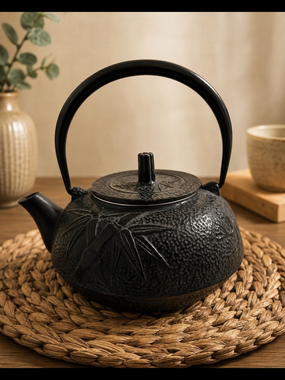 Vintage Cast Iron Japanese Teapot Bamboo Leaves & Cherry Blossoms Infuser